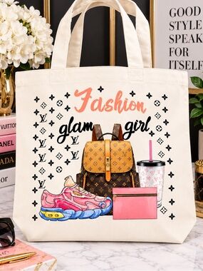Cream Fashion Canvas Tote Bag with Pink Accents - Glam Girl Print
